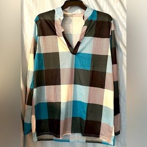 Woman’s V neck Pull over Plaid shirt